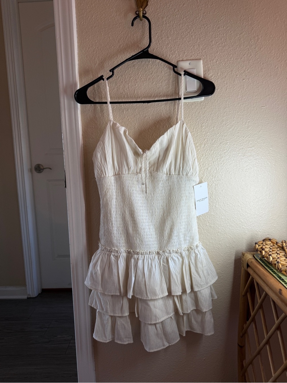 Cream Tiered Ruffle Mini Dress with Smocked Bodice